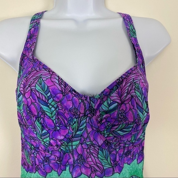 SCLAR Purple Floral Vintage Retro Style Y2K Semi Sheer Bodysuit Leotard Size 12 - Picture 3 of 9